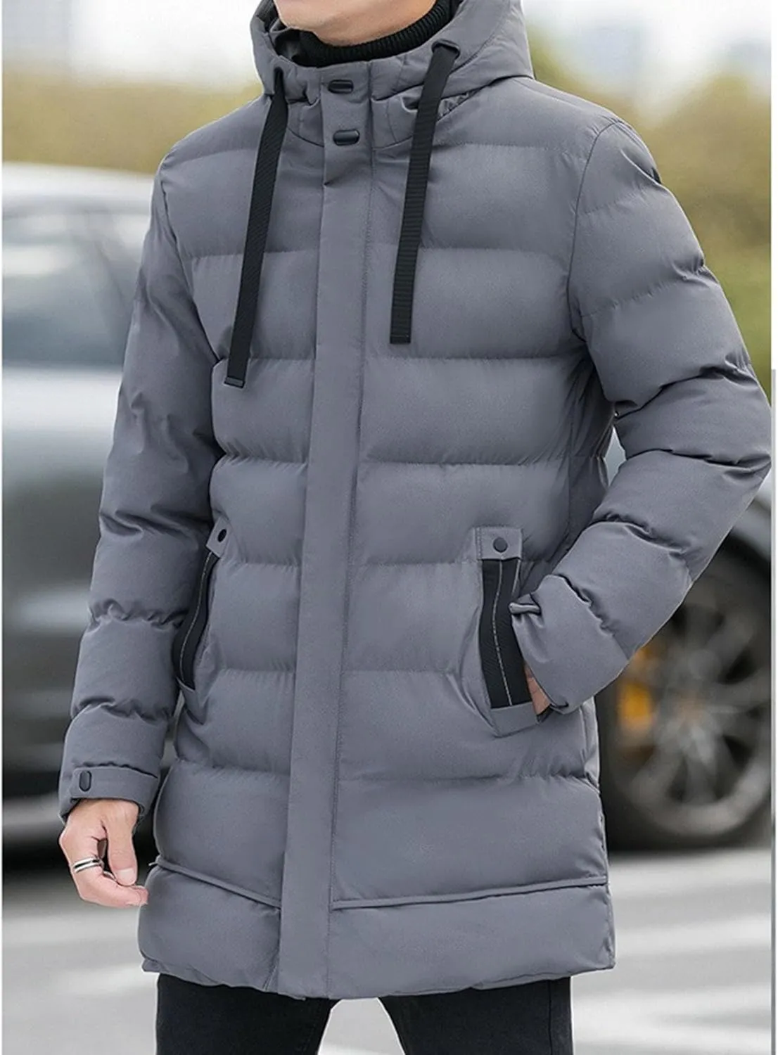 Maiyifu-GJ Men's Lightweight Thicken Warm Puffer Jacket Long Hooded Parka Outerwear Quilted Padded Down Coat Windbreaker