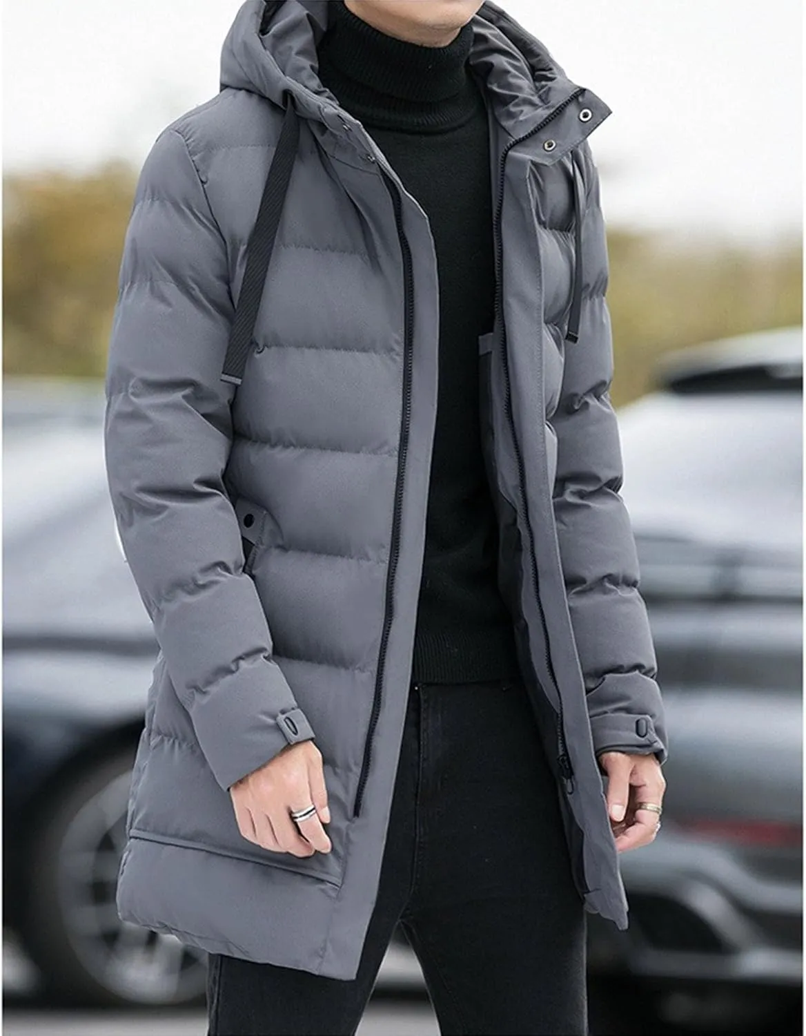 Maiyifu-GJ Men's Lightweight Thicken Warm Puffer Jacket Long Hooded Parka Outerwear Quilted Padded Down Coat Windbreaker