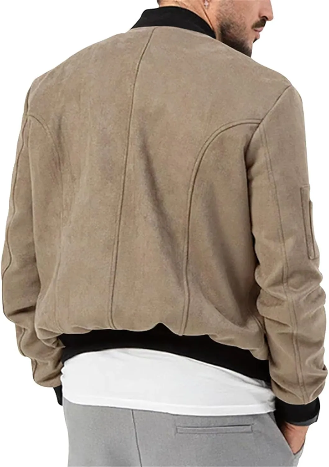 Mens Bomber Jacket Casual Varsity Jackets Long Sleeve Button Down Cardigan Coat Faux Suede Windbreaker Fall Spring