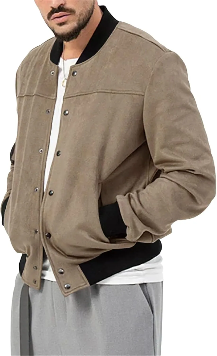 Mens Bomber Jacket Casual Varsity Jackets Long Sleeve Button Down Cardigan Coat Faux Suede Windbreaker Fall Spring