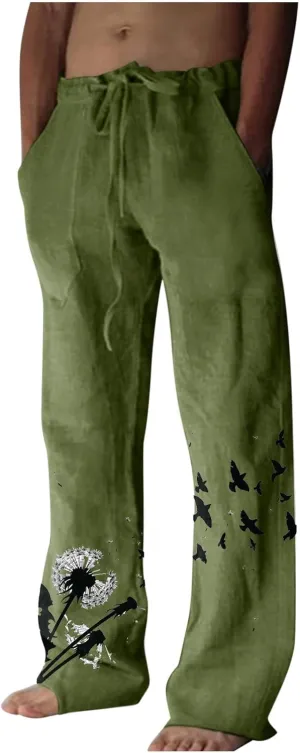 Mens Linen Wide Leg Pants Casual Drawstring Summer Beach Pants Elastic Waist Lounge Trousers with Pockets