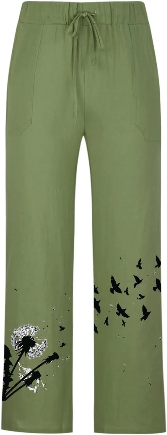 Mens Linen Wide Leg Pants Casual Drawstring Summer Beach Pants Elastic Waist Lounge Trousers with Pockets