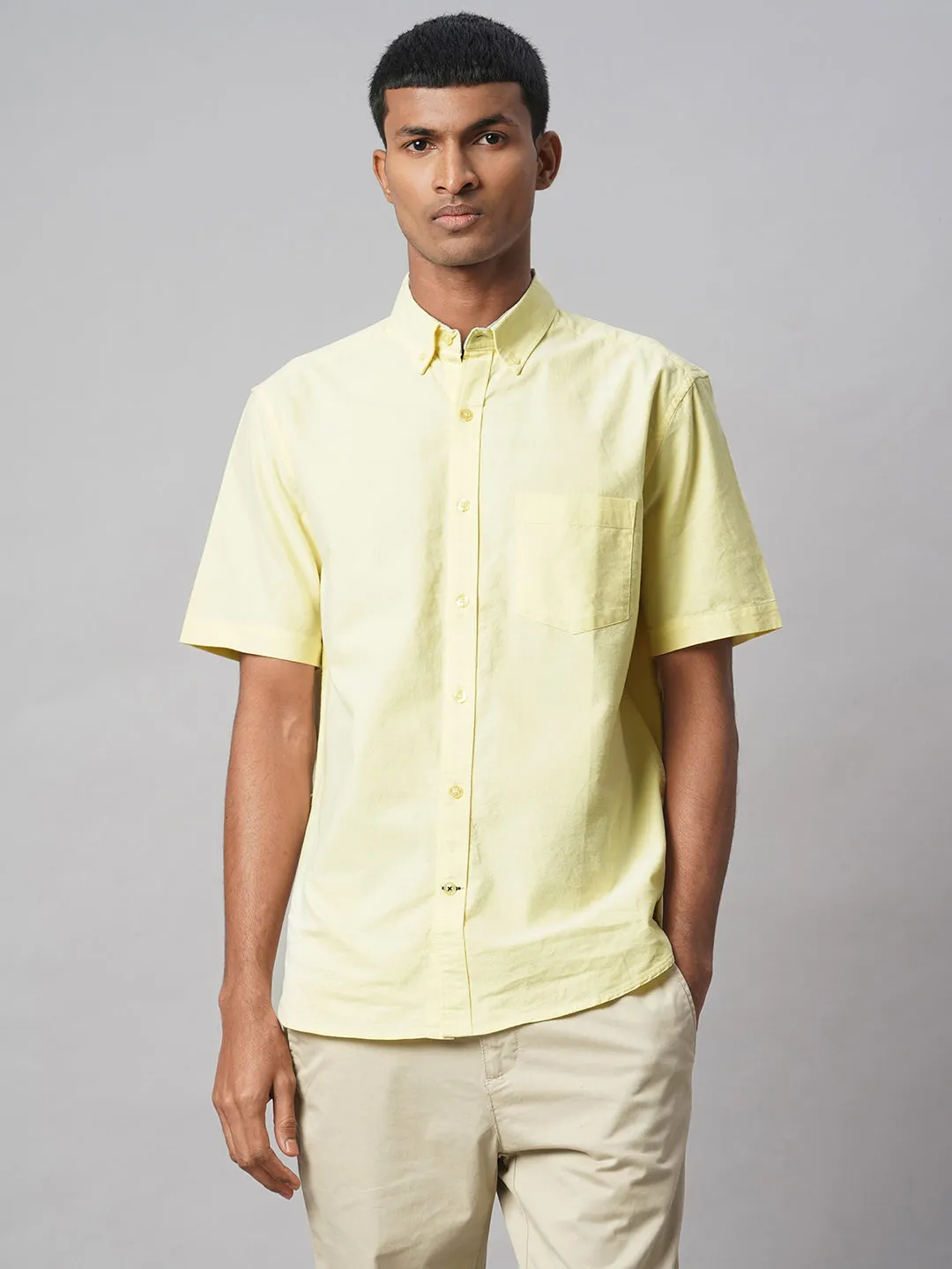 Men's Yellow Oxford 100% Cotton Regular Fit Shirt