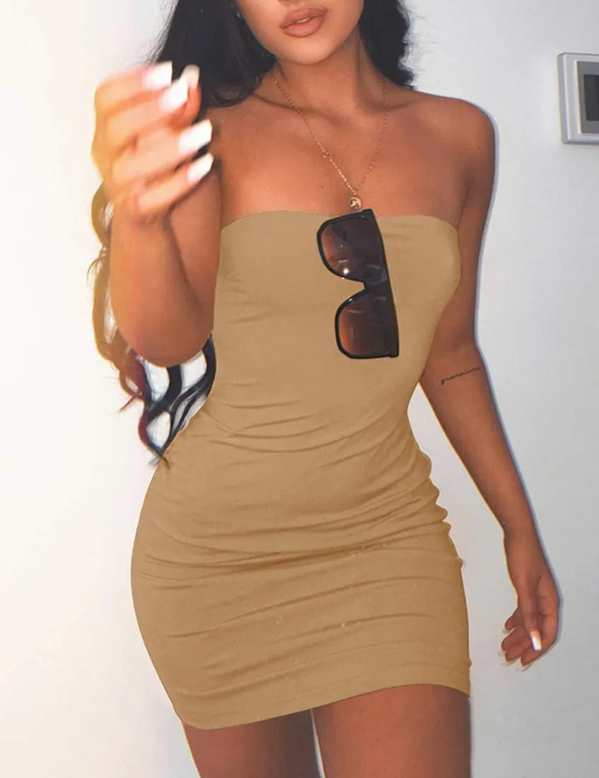 Mokoru Women's Casual Basic Bodycon Tube Top Sexy Strapless Club Party Mini Dress