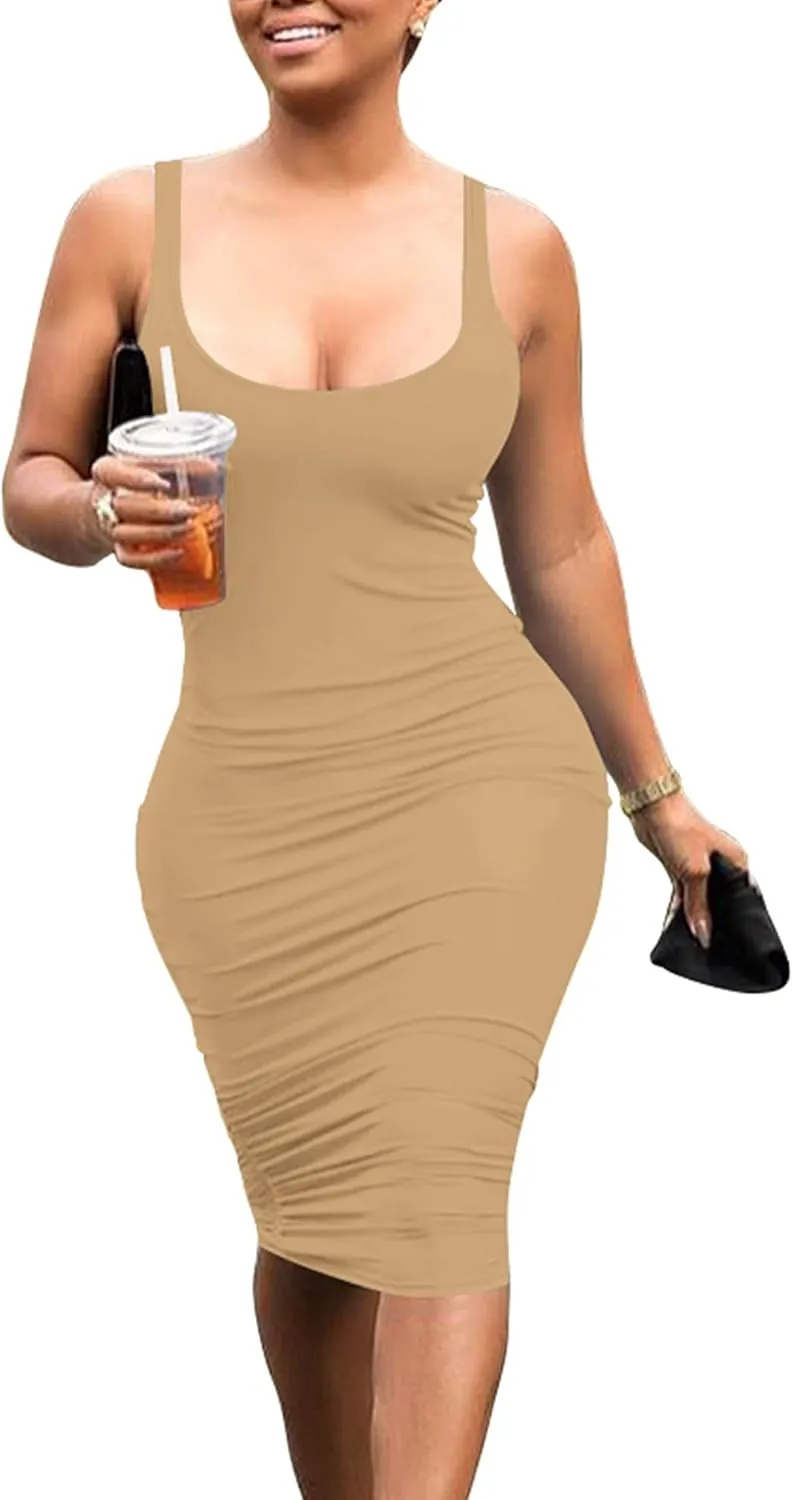 Mokoru Women's Casual Basic Pencil Tank Dress Sexy Sleeveless Bodycon Midi Club Dress