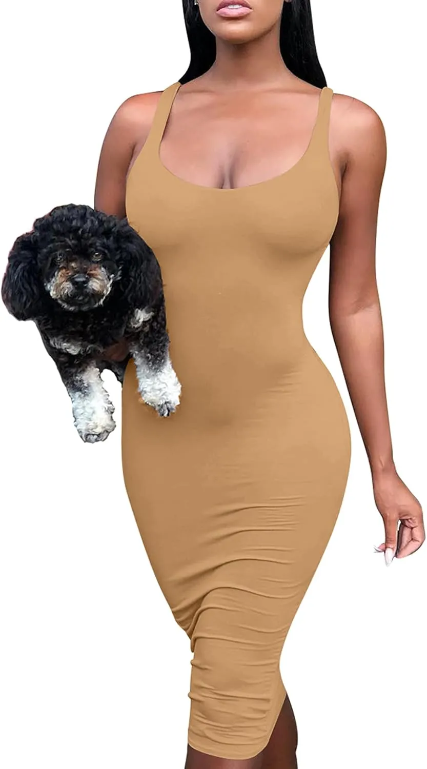Mokoru Women's Casual Basic Pencil Tank Dress Sexy Sleeveless Bodycon Midi Club Dress