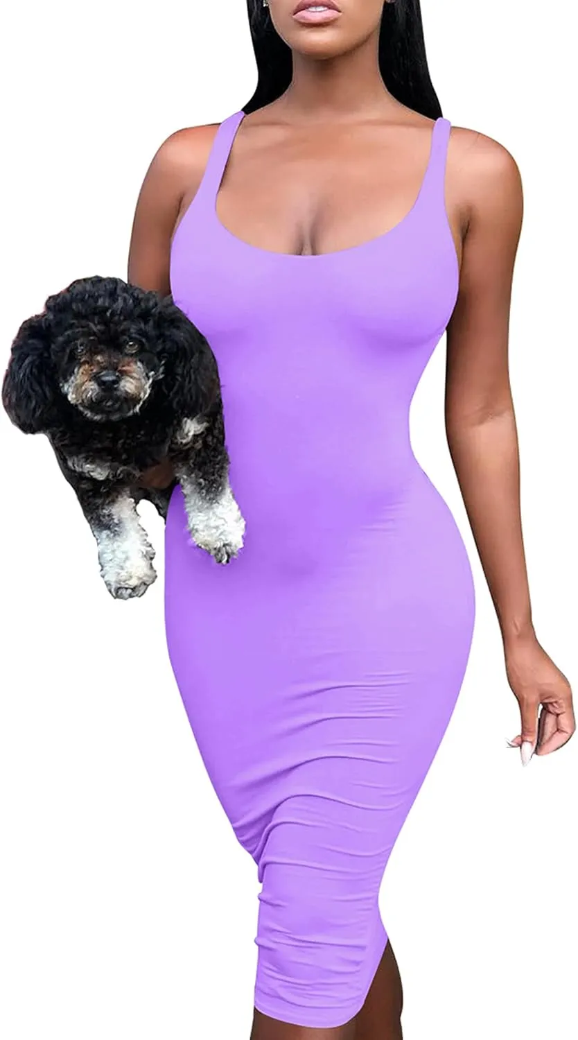 Mokoru Women's Casual Basic Pencil Tank Dress Sexy Sleeveless Bodycon Midi Club Dress