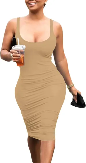 Mokoru Women's Casual Basic Pencil Tank Dress Sexy Sleeveless Bodycon Midi Club Dress