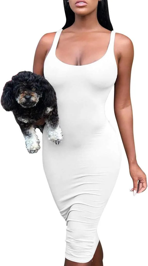 Mokoru Women's Casual Basic Pencil Tank Dress Sexy Sleeveless Bodycon Midi Club Dress