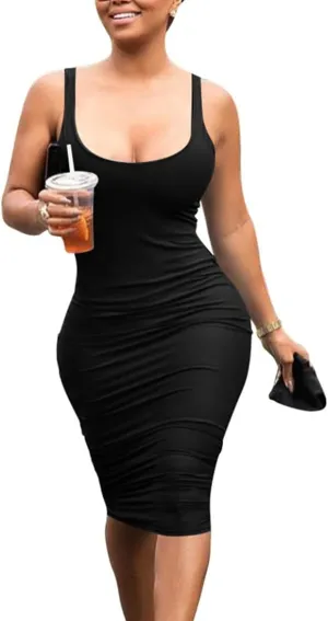 Mokoru Women's Casual Basic Pencil Tank Dress Sexy Sleeveless Bodycon Midi Club Dress