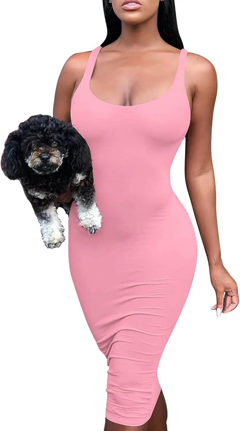 Mokoru Women's Casual Basic Pencil Tank Dress Sexy Sleeveless Bodycon Midi Club Dress