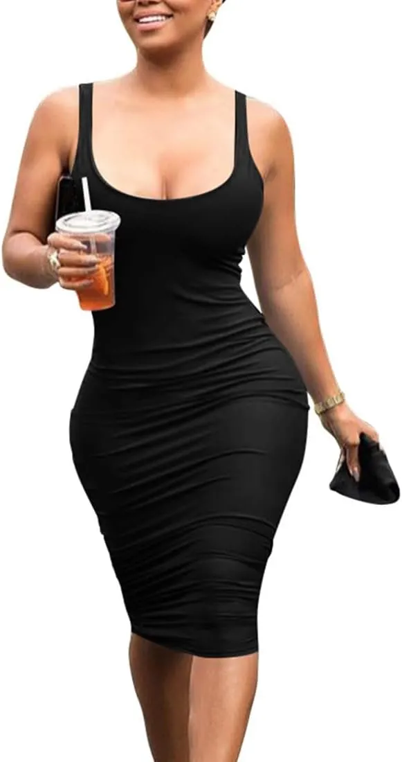 Mokoru Women's Casual Basic Pencil Tank Dress Sexy Sleeveless Bodycon Midi Club Dress
