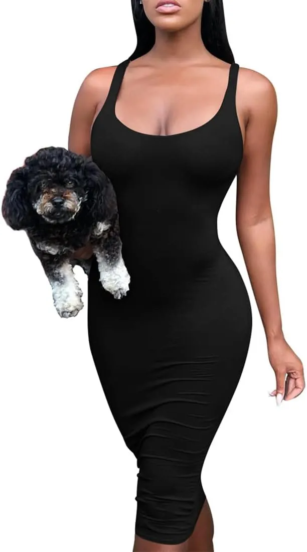 Mokoru Women's Casual Basic Pencil Tank Dress Sexy Sleeveless Bodycon Midi Club Dress