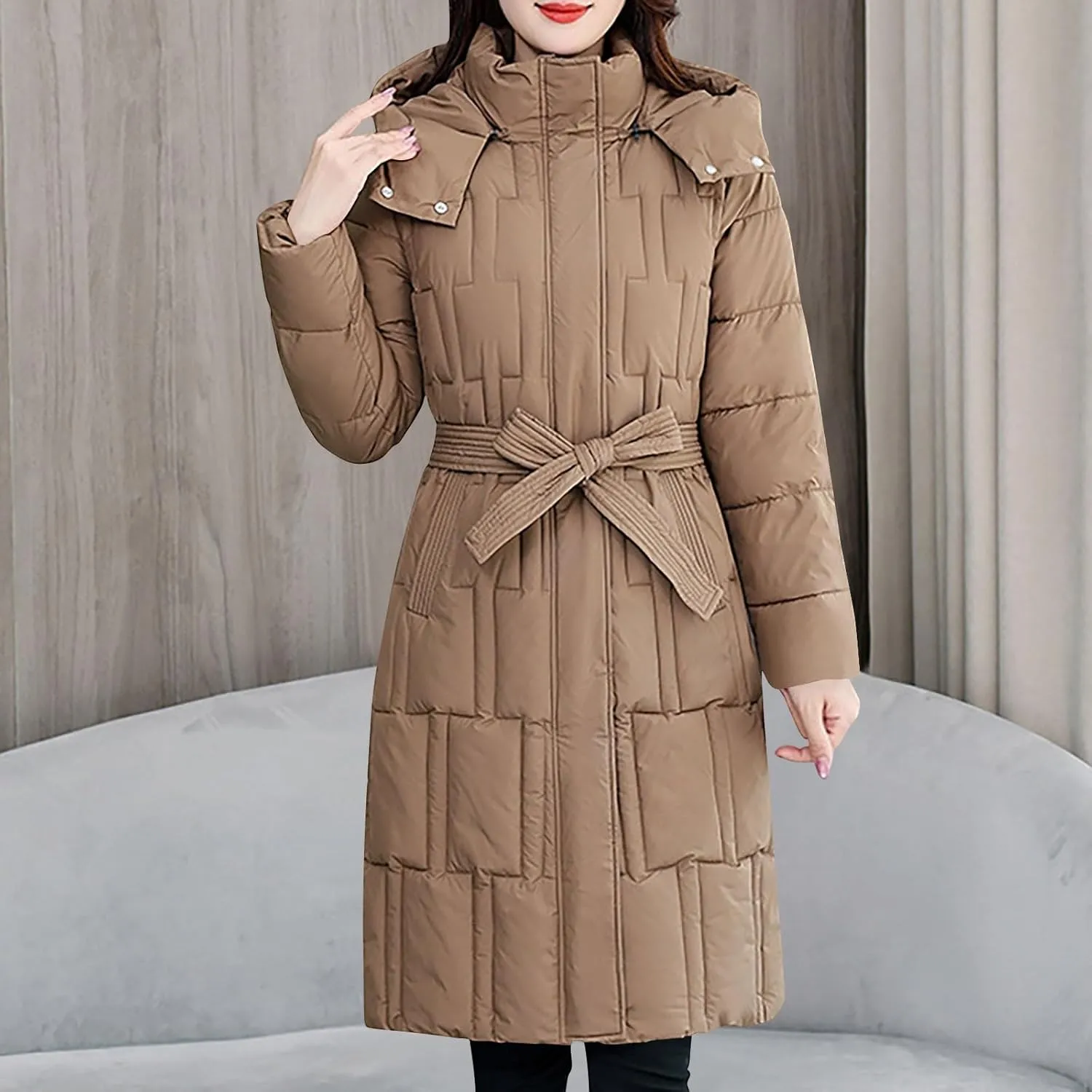 NATHGAM Women Long Puffer Jacket Winter Warm Thickened Cotton-Padded Hooded Outerwear Zip Trendy Going Out Parkas Down Jacket