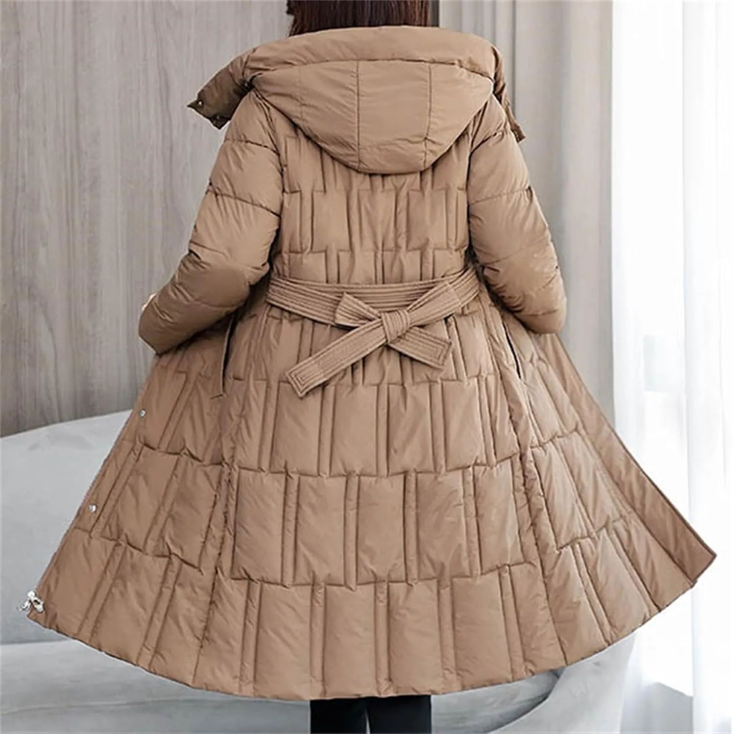 NATHGAM Women Long Puffer Jacket Winter Warm Thickened Cotton-Padded Hooded Outerwear Zip Trendy Going Out Parkas Down Jacket