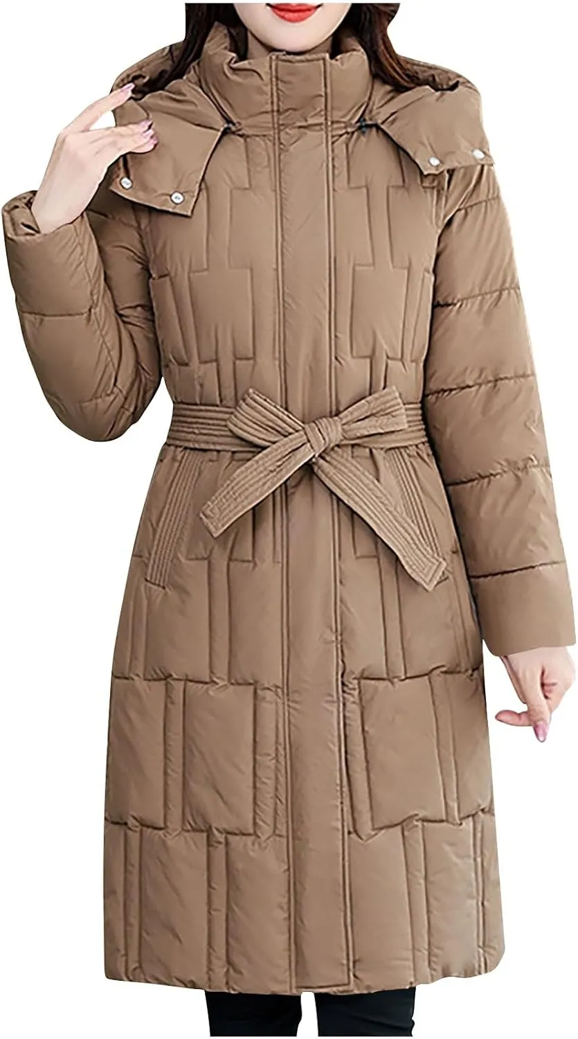 NATHGAM Women Long Puffer Jacket Winter Warm Thickened Cotton-Padded Hooded Outerwear Zip Trendy Going Out Parkas Down Jacket