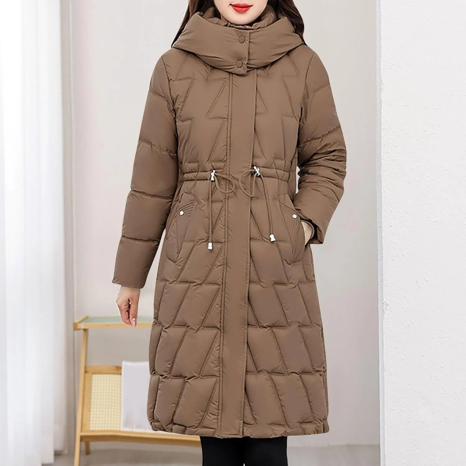 NATHGAM Women Long Puffer Jacket Winter Warm Thickened Cotton-Padded Hooded Outerwear Zip Trendy Going Out Parkas Down Jacket