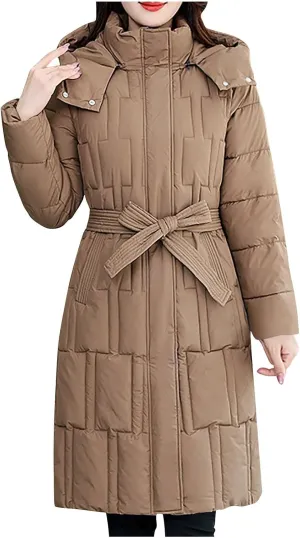 NATHGAM Women Long Puffer Jacket Winter Warm Thickened Cotton-Padded Hooded Outerwear Zip Trendy Going Out Parkas Down Jacket