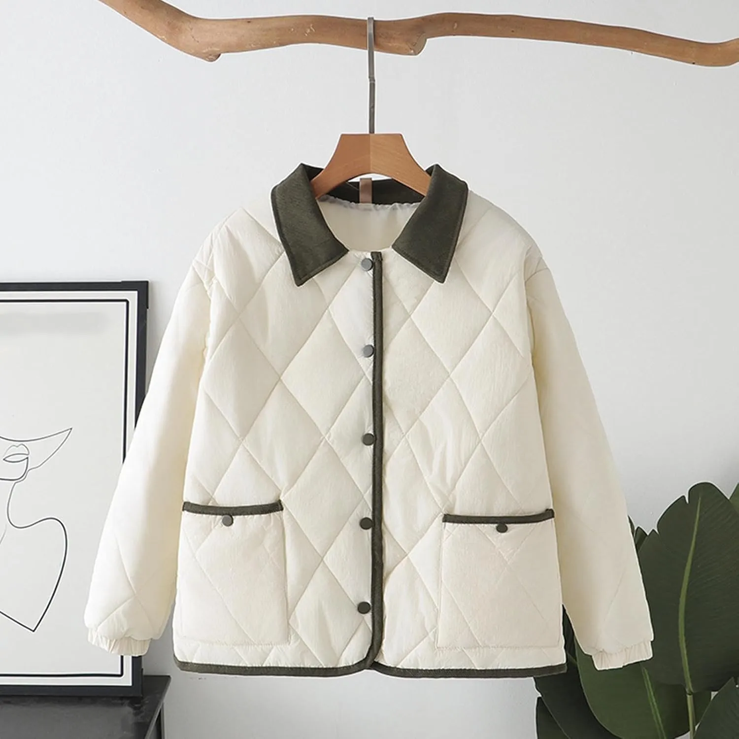 NATHGAM Women Winter Cotton Quilted Coat Casual Lightweight Puffer Jacket Long Sleeve Button Lapel Down Outerwear with Pocket