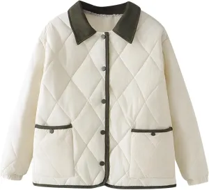 NATHGAM Women Winter Cotton Quilted Coat Casual Lightweight Puffer Jacket Long Sleeve Button Lapel Down Outerwear with Pocket