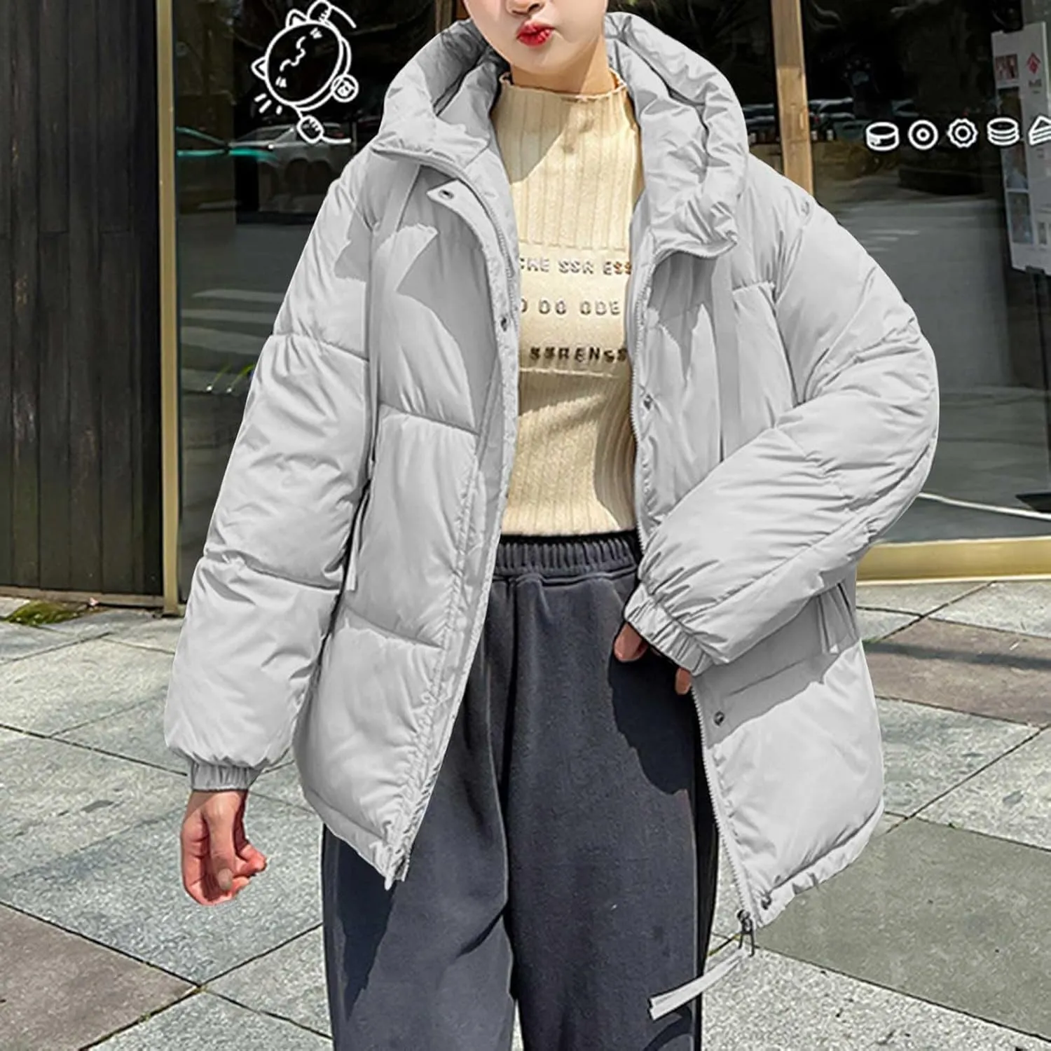 NATHGAM Women Winter Parka Coats Baggy Zip Short Down Jacket Oversized Quilted Hooded Jacket Lightweight Warm Puffer Jacket