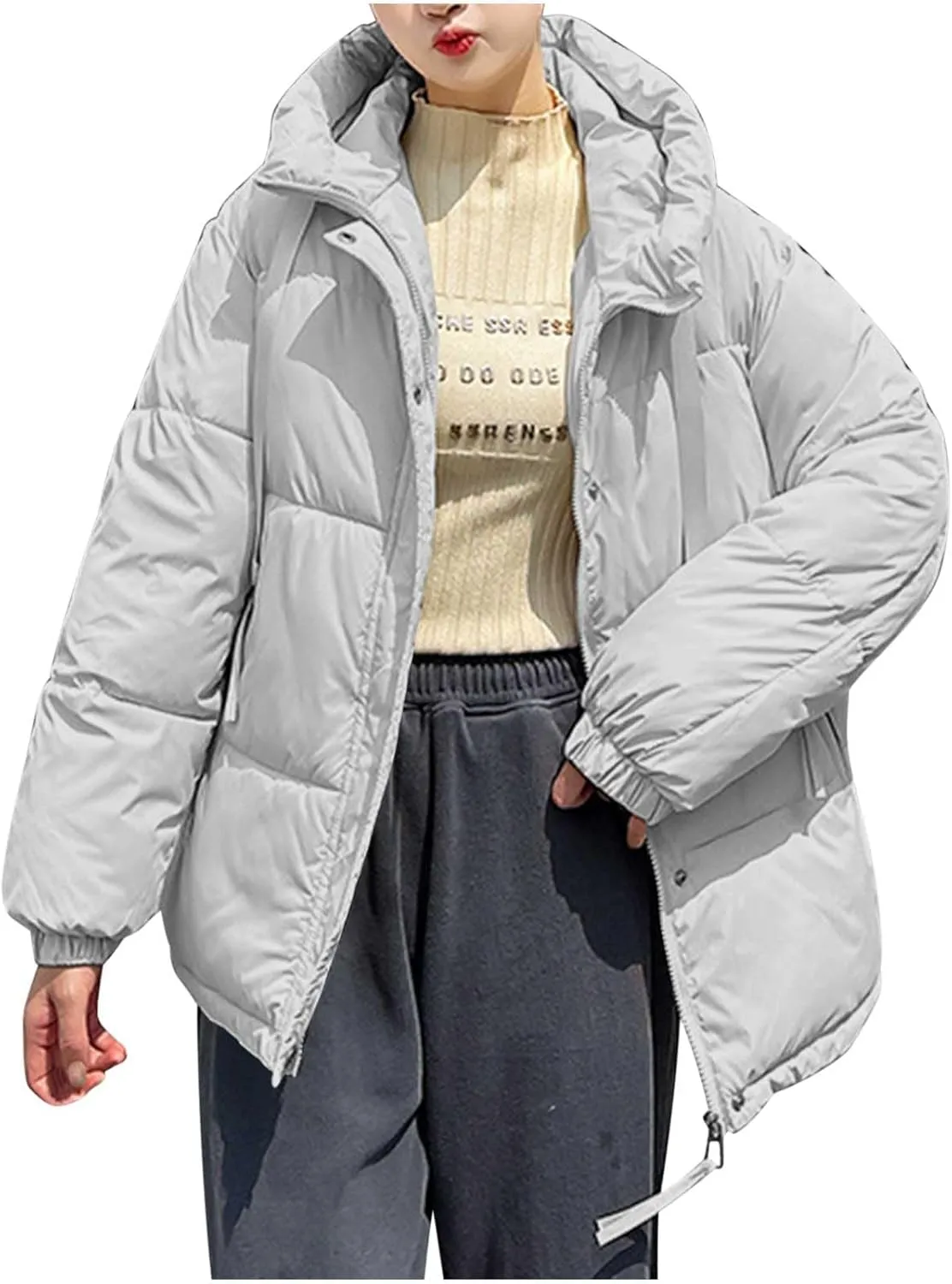 NATHGAM Women Winter Parka Coats Baggy Zip Short Down Jacket Oversized Quilted Hooded Jacket Lightweight Warm Puffer Jacket