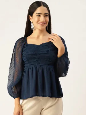 Navy Blue Sweetheart Neck Georgette Peplum Top