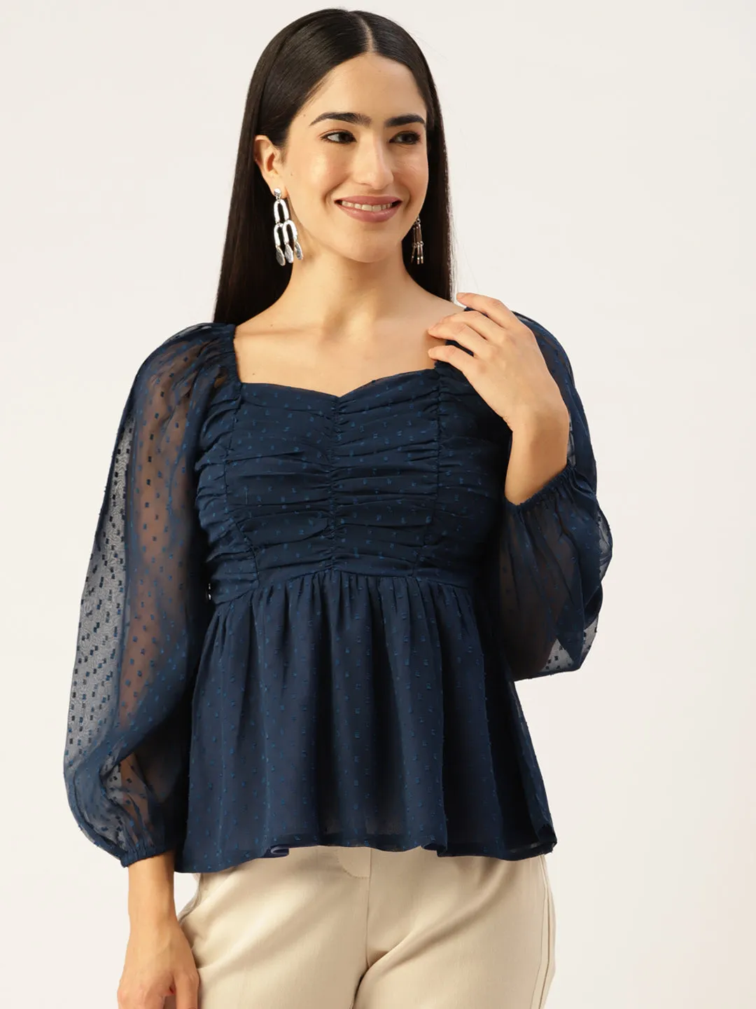 Navy Blue Sweetheart Neck Georgette Peplum Top