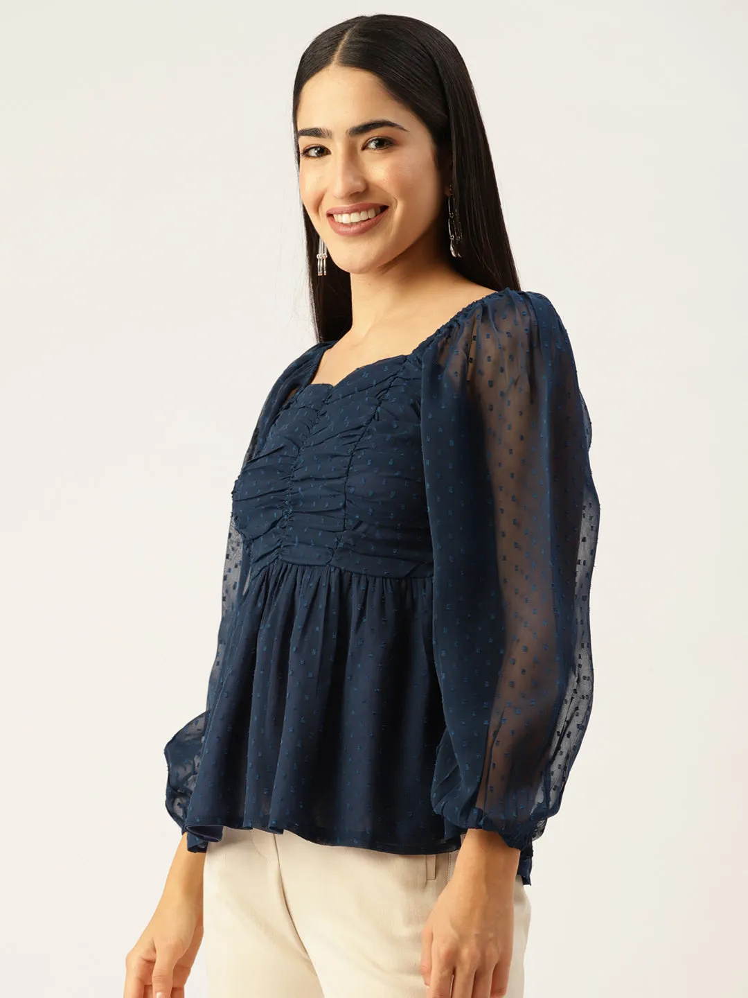 Navy Blue Sweetheart Neck Georgette Peplum Top