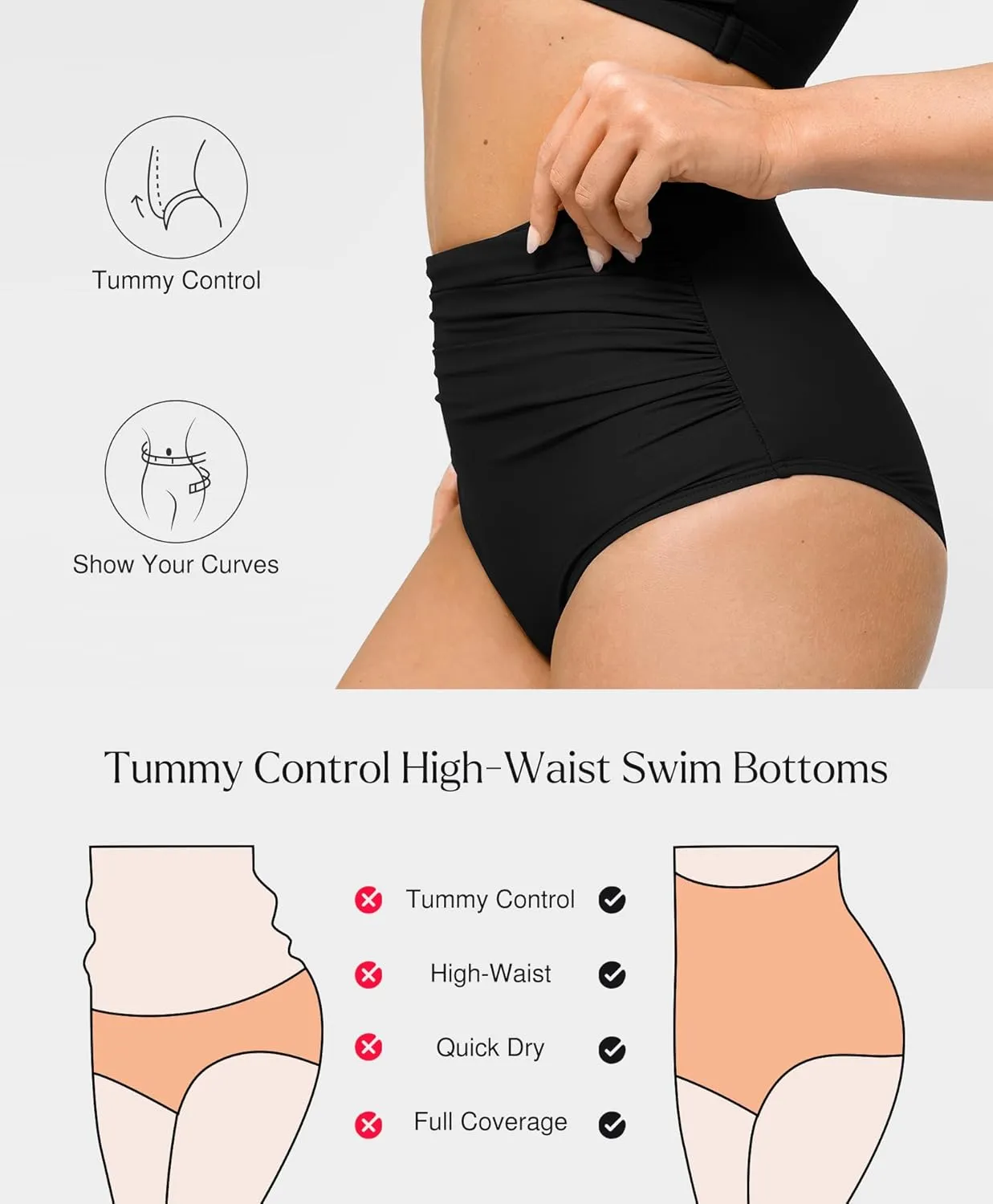 Popilush Shapewear Swimwear Bottoms - Waisted Bikini Bottom Tummy Control Ruched Swim Bottom Brief Swim Short