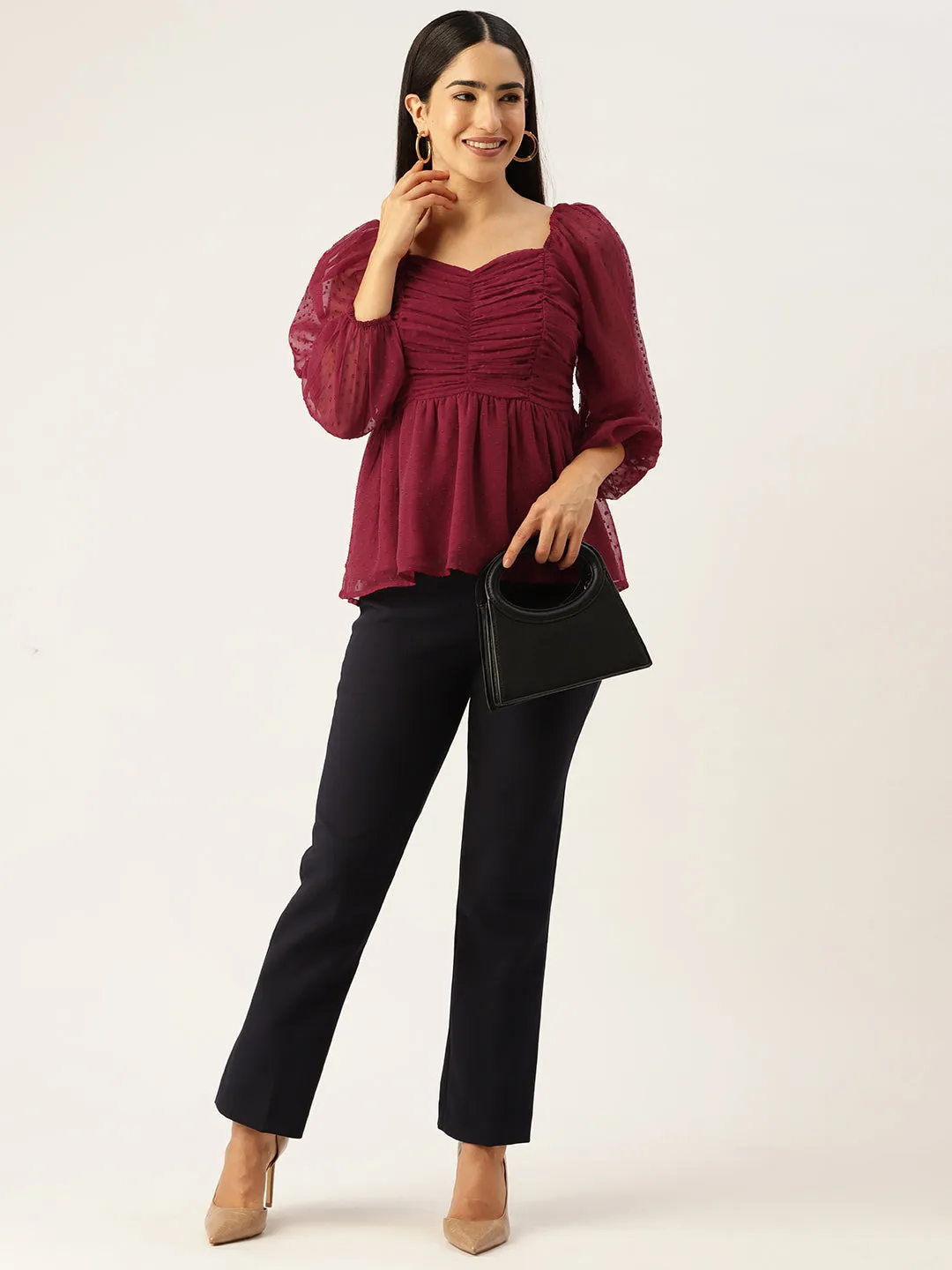 Red Sweetheart Neck Georgette Peplum Top
