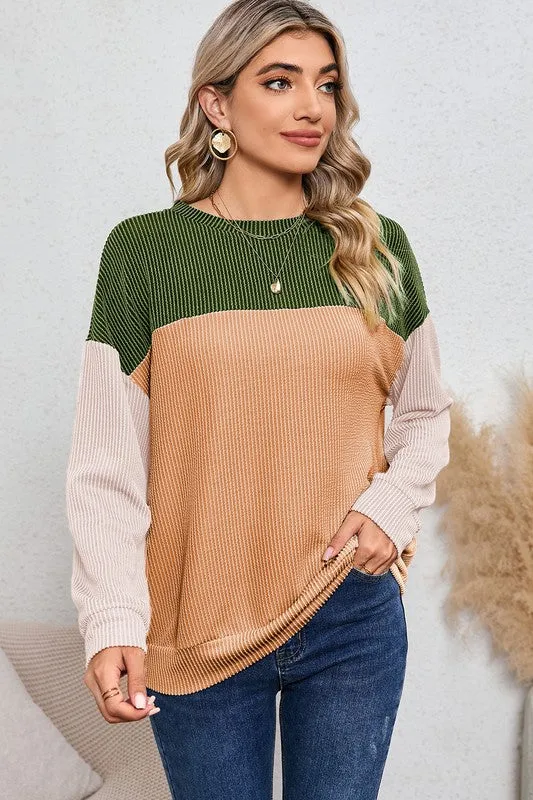 Ribbed Color Block Long Sleeve Corduroy Tunic Top