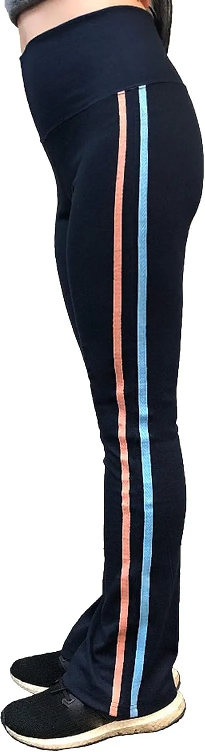 Sweet Vibes Women's Stretch Rib Flare Bottom Yoga Pants High Waist Double Seam Stripes