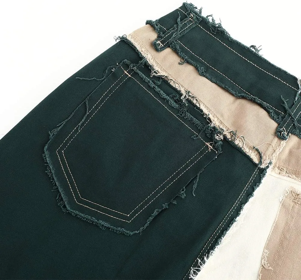THUNDER STAR Womens Patchwork Straight Leg Jeans Mid Rise Stretch Frayed Denim Pants