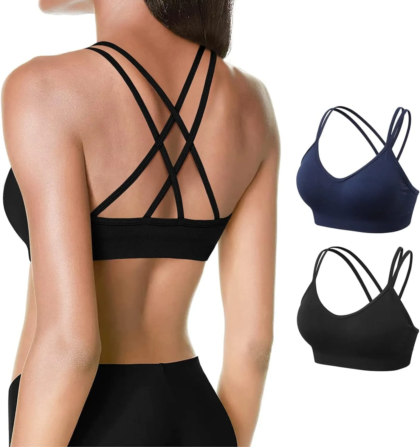 VEQKING Women's Cross Back Sports Bra Padded Strappy Medium Support Yoga Bra for Workout Fitness 3 Pack