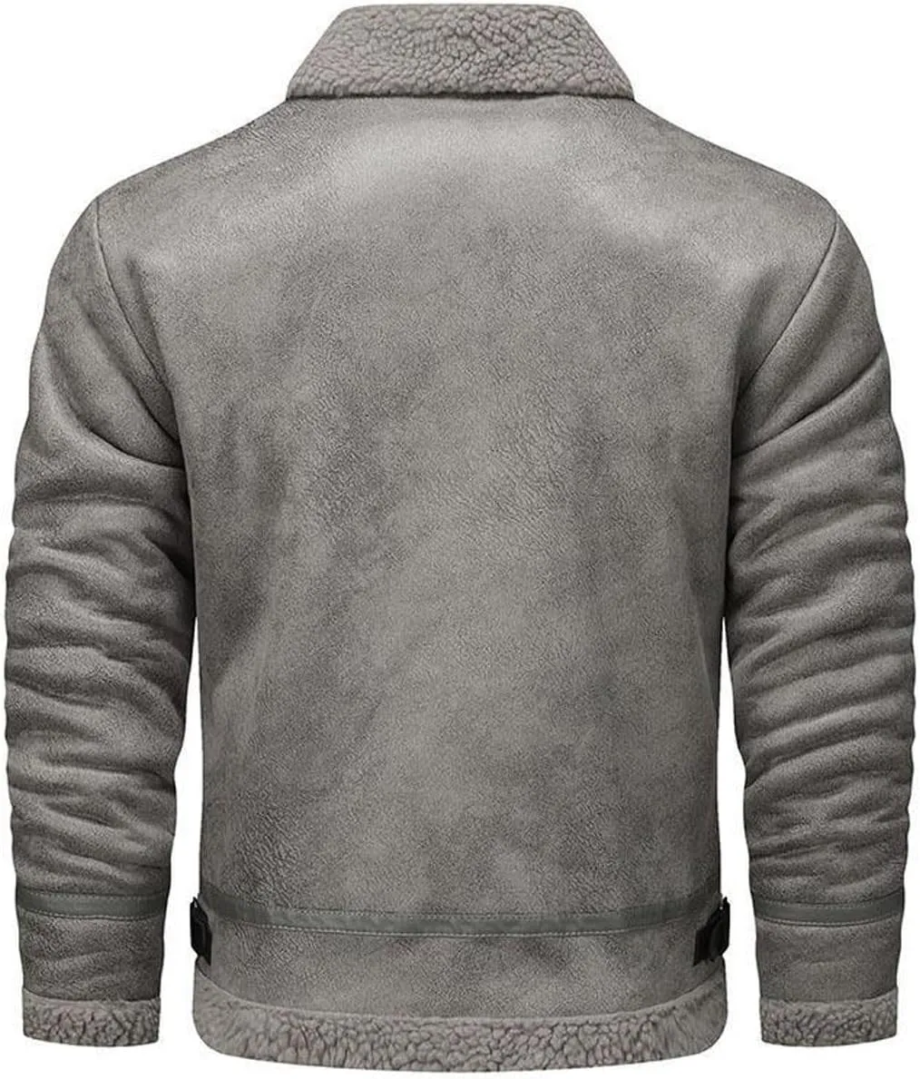 Winter Faux Leather Jackets For Men Vintage Classic Motorcycle Jackets Notch Collar Military Sherpa Lined Coats