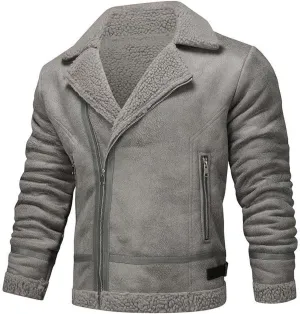 Winter Faux Leather Jackets For Men Vintage Classic Motorcycle Jackets Notch Collar Military Sherpa Lined Coats