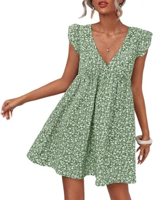 Women Boho Floral Summer Dresses Casual Backless V Neck Mini Dress Ruffle Beach Sundress