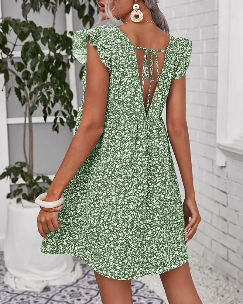 Women Boho Floral Summer Dresses Casual Backless V Neck Mini Dress Ruffle Beach Sundress