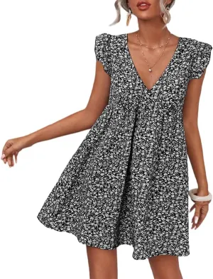 Women Boho Floral Summer Dresses Casual Backless V Neck Mini Dress Ruffle Beach Sundress