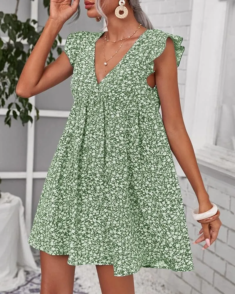 Women Boho Floral Summer Dresses Casual Backless V Neck Mini Dress Ruffle Beach Sundress