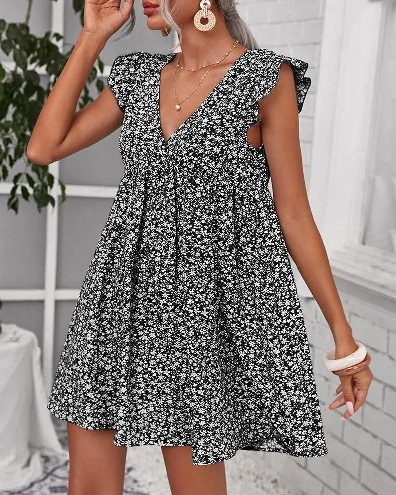 Women Boho Floral Summer Dresses Casual Backless V Neck Mini Dress Ruffle Beach Sundress