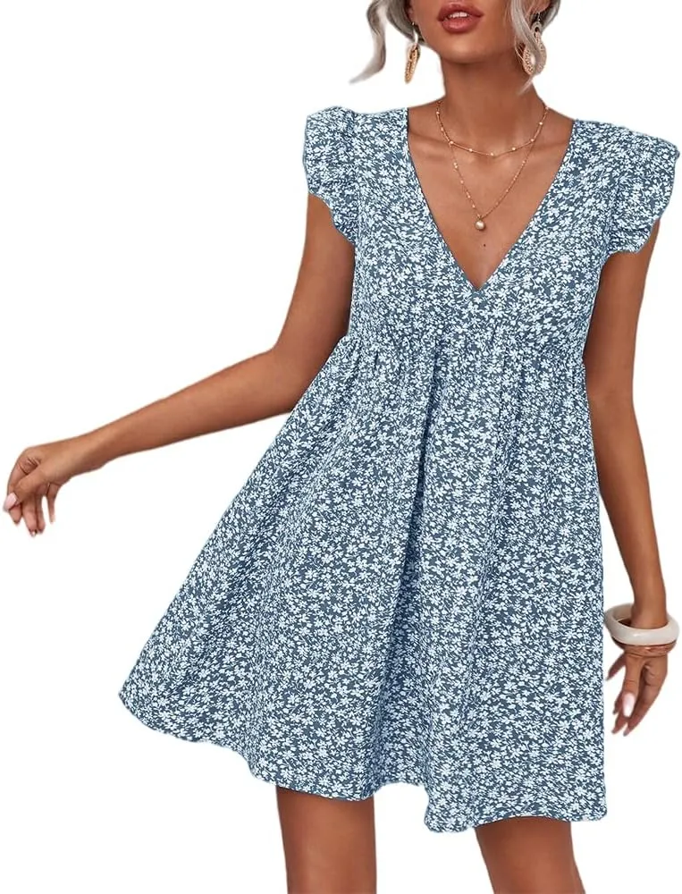 Women Boho Floral Summer Dresses Casual Backless V Neck Mini Dress Ruffle Beach Sundress