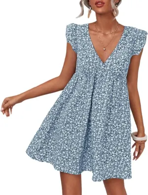 Women Boho Floral Summer Dresses Casual Backless V Neck Mini Dress Ruffle Beach Sundress
