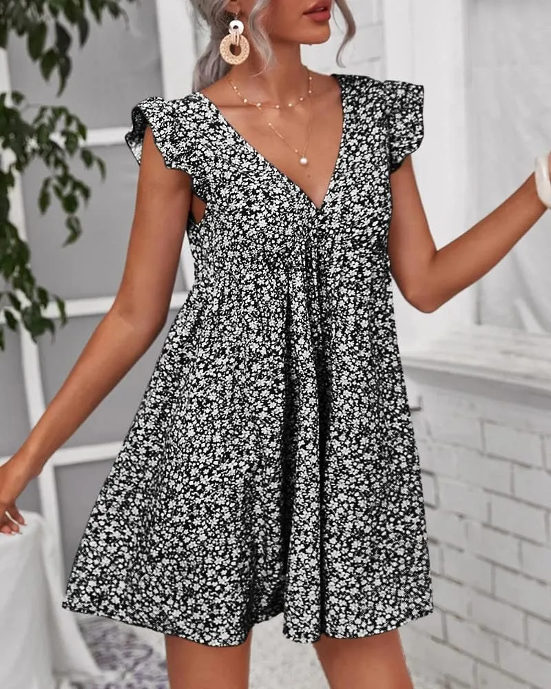 Women Boho Floral Summer Dresses Casual Backless V Neck Mini Dress Ruffle Beach Sundress