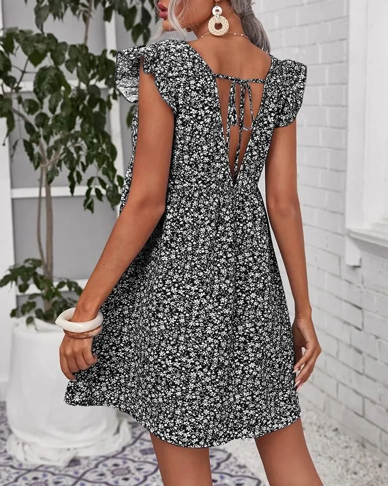 Women Boho Floral Summer Dresses Casual Backless V Neck Mini Dress Ruffle Beach Sundress