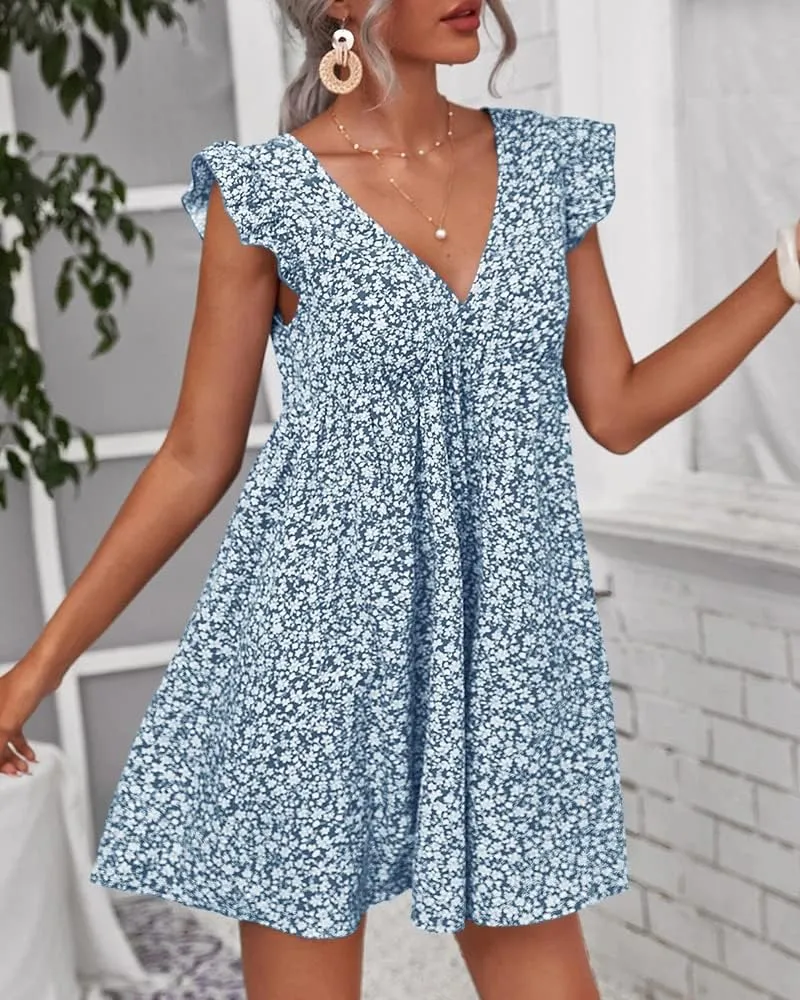 Women Boho Floral Summer Dresses Casual Backless V Neck Mini Dress Ruffle Beach Sundress