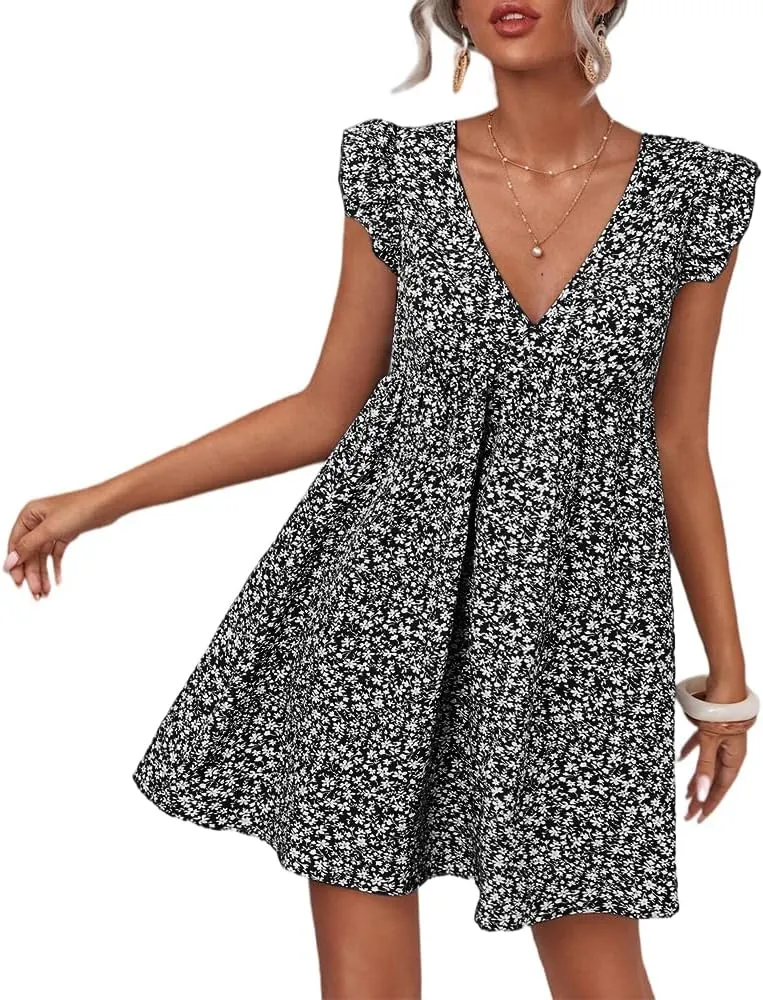 Women Boho Floral Summer Dresses Casual Backless V Neck Mini Dress Ruffle Beach Sundress