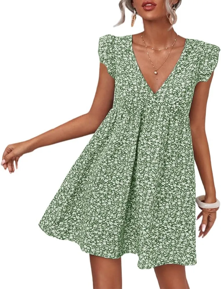 Women Boho Floral Summer Dresses Casual Backless V Neck Mini Dress Ruffle Beach Sundress