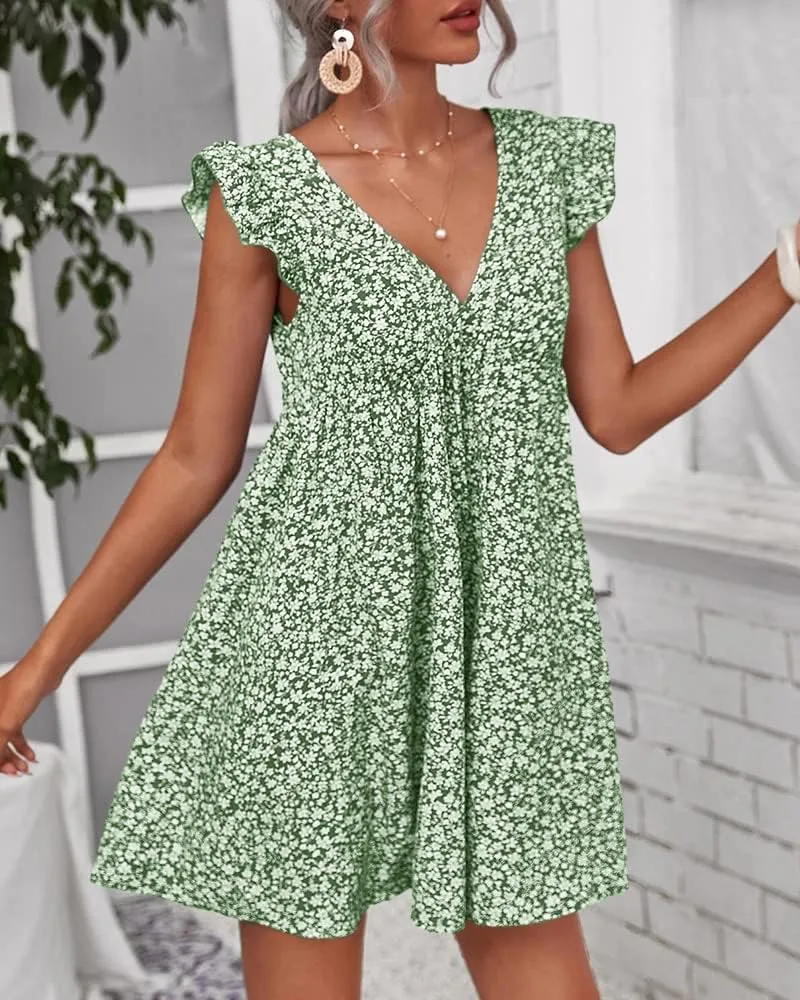 Women Boho Floral Summer Dresses Casual Backless V Neck Mini Dress Ruffle Beach Sundress